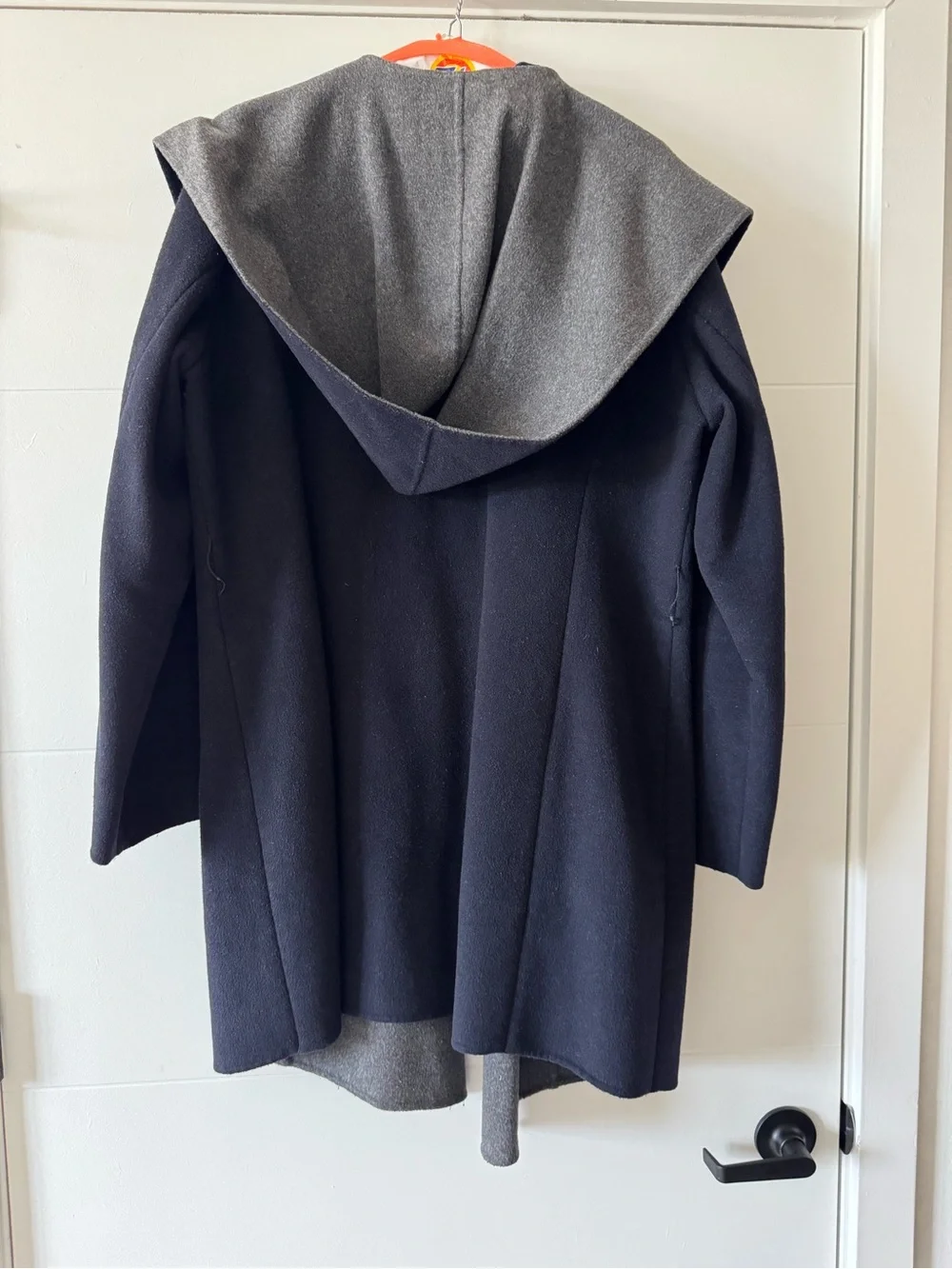 Michael Kors Two-Tone Hooded Open-Front Trench Coat in Navy and Gray